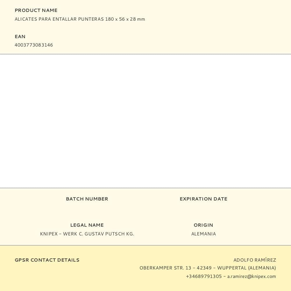 Alicates para entallar punteras 180 x 56 x 28 mm