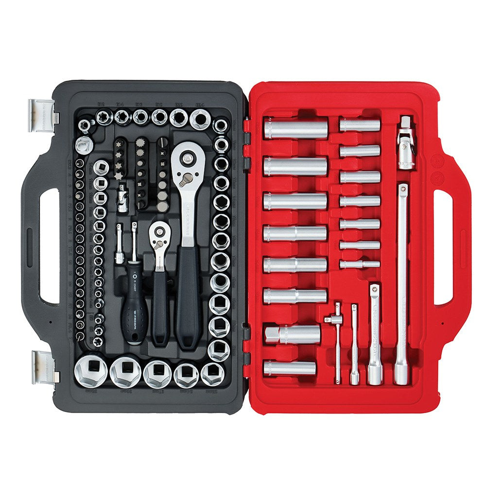 Llave de carraca, vasos y accesorios de ½ y ¼ pulg, juego 100 piezas