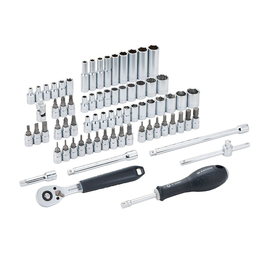 Llave de carraca, vasos y accesorios de ¼ pulg, juego 72 piezas