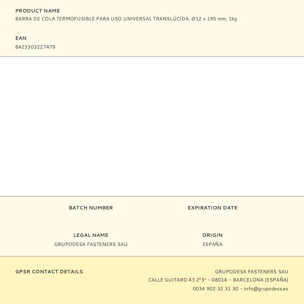 Barra de cola termofusible para uso universal translúcida, ø12 x 195 mm, 1kg