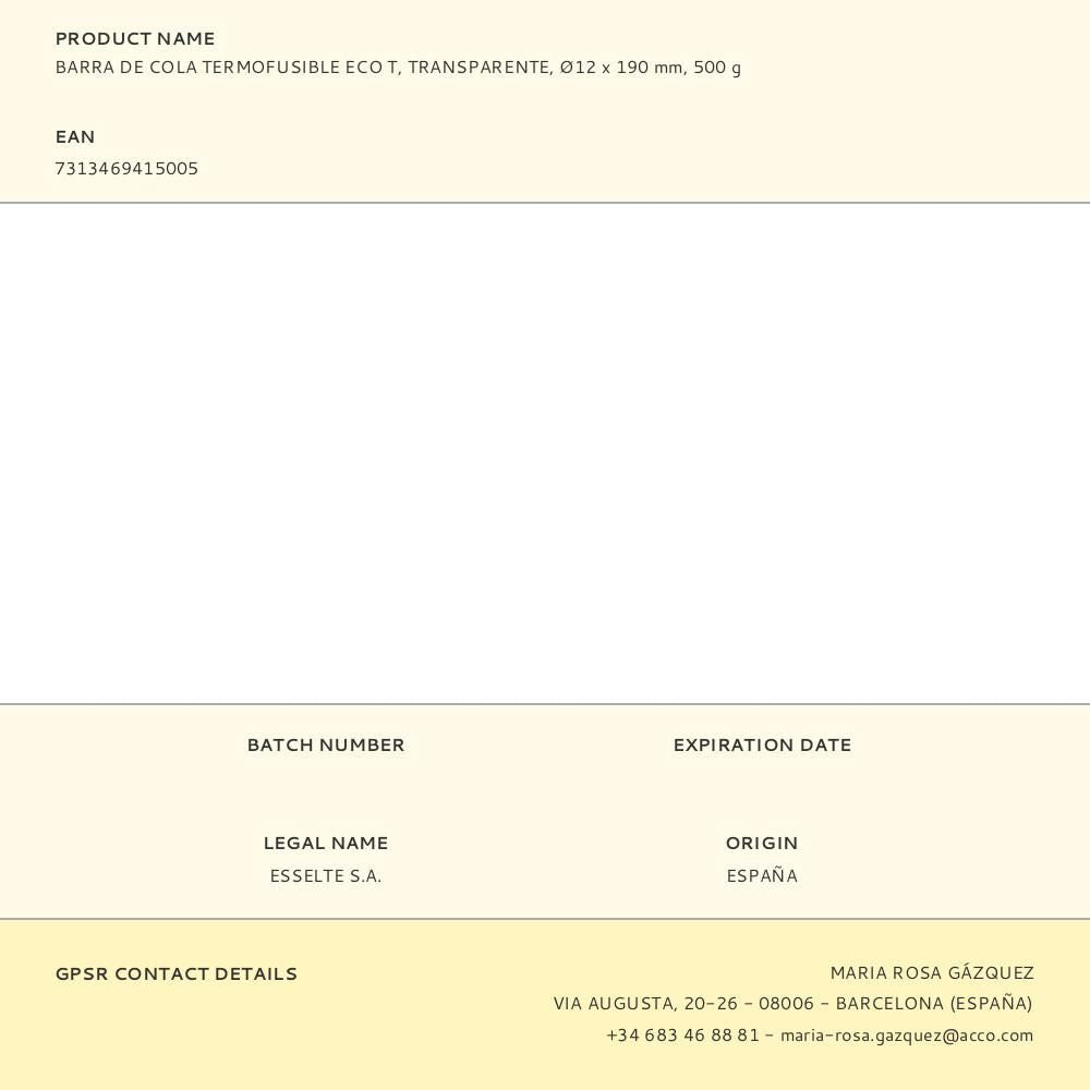 Barra de cola termofusible eco t, transparente, ø12 x 190 mm, 500 g