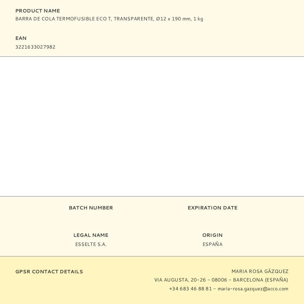 Barra de cola termofusible eco t, transparente, ø12 x 190 mm, 1 kg