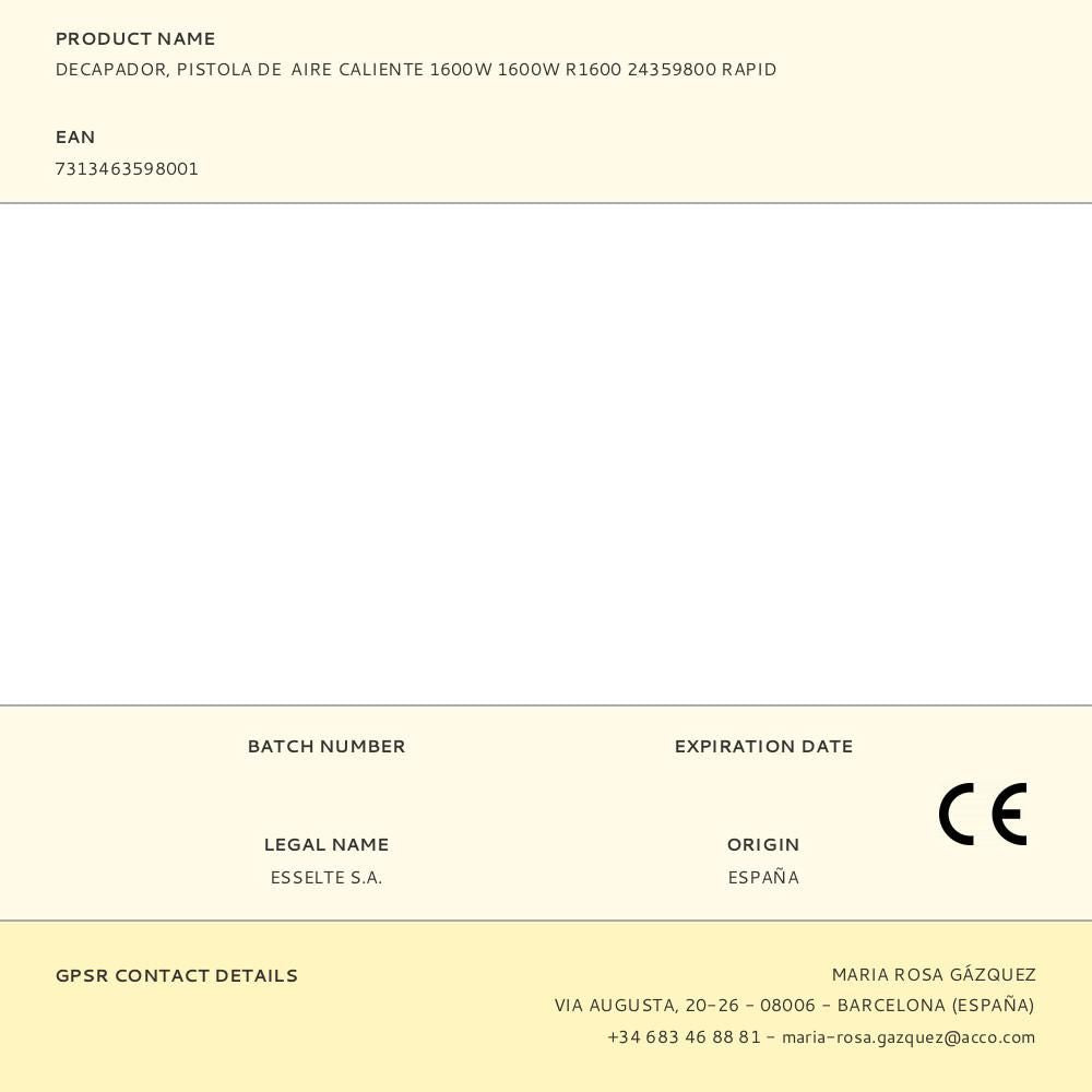 Decapador, pistola de aire caliente 1600w 1600w r1600 24359800 rapid