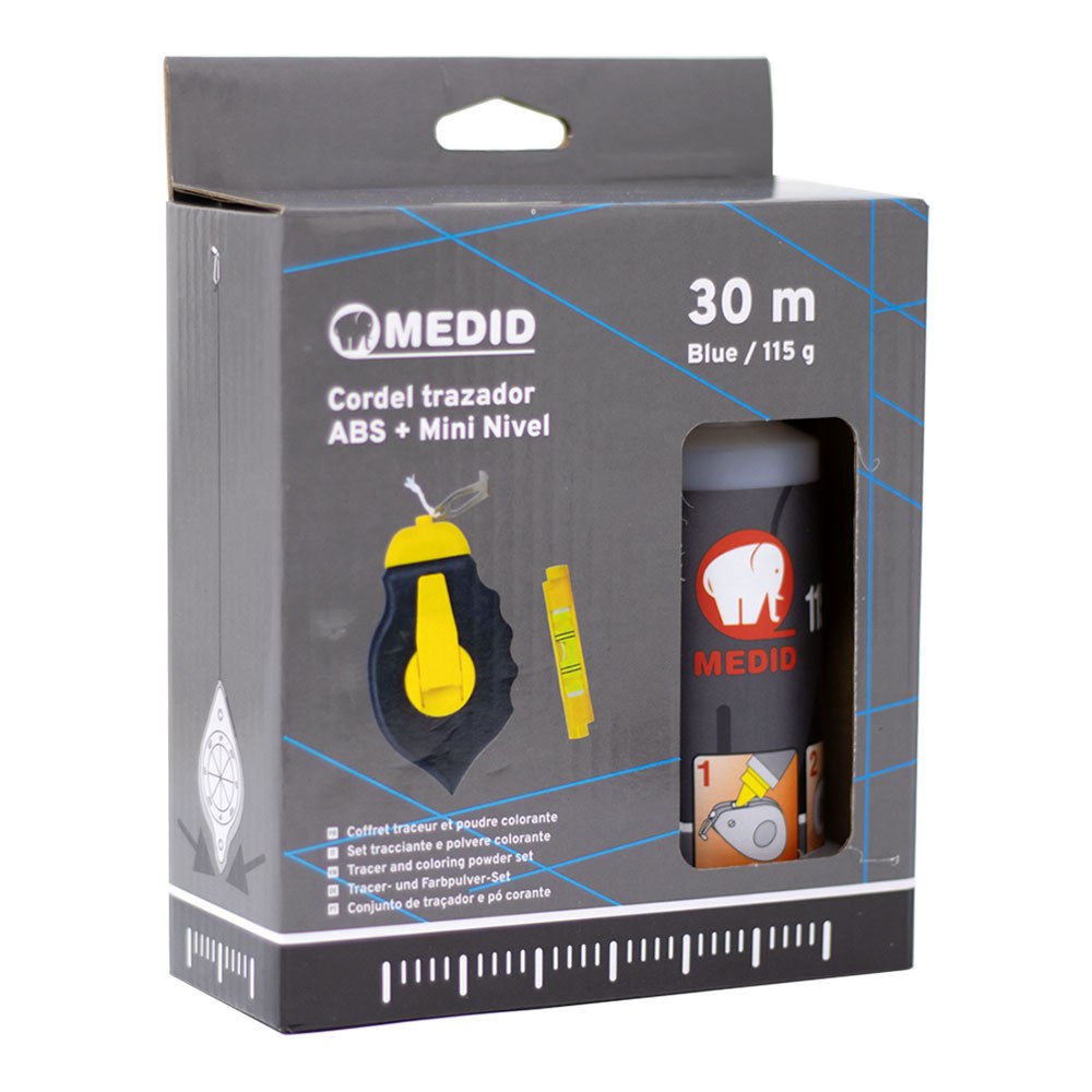 Cordel trazador abs 30 m + 115g polvo colorante azul + mini nivel