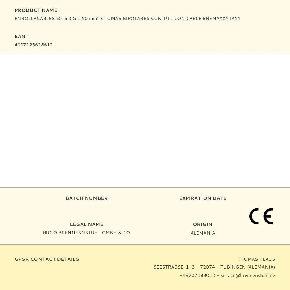Enrollacables 50 m 3 g 1,50 mm² 3 tomas bipolares con t/tl con cable bremaxx® ip44