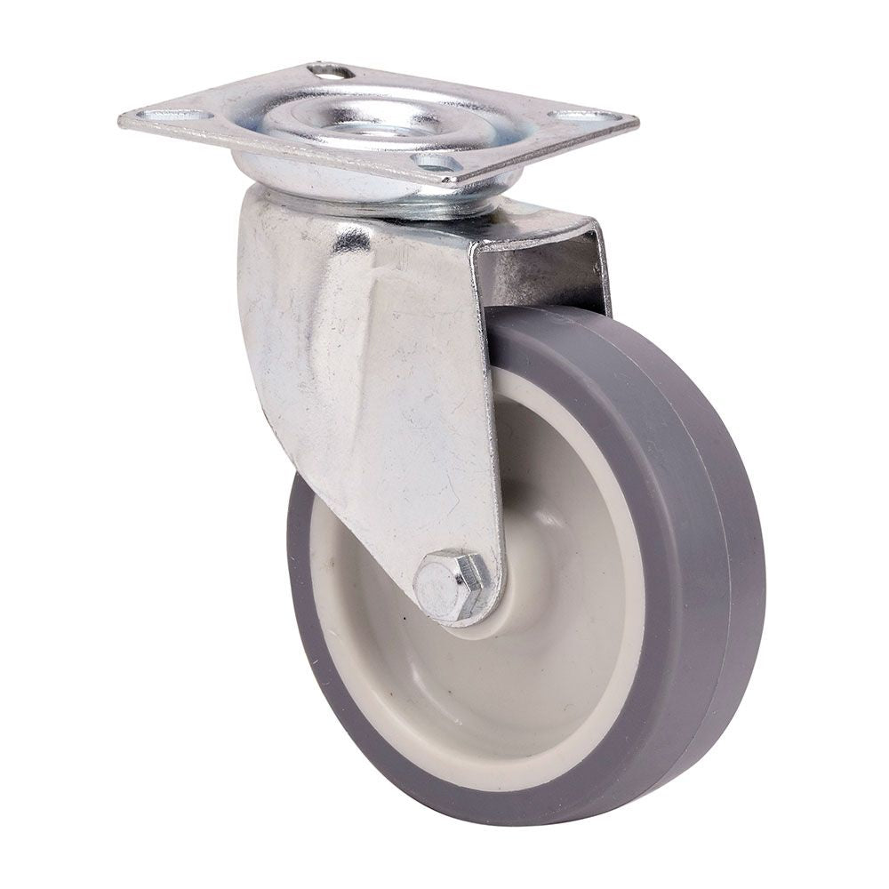 Rueda giratoria de goma con placa y eje liso, color gris, carga máx. 50 kg, ø 6 cm