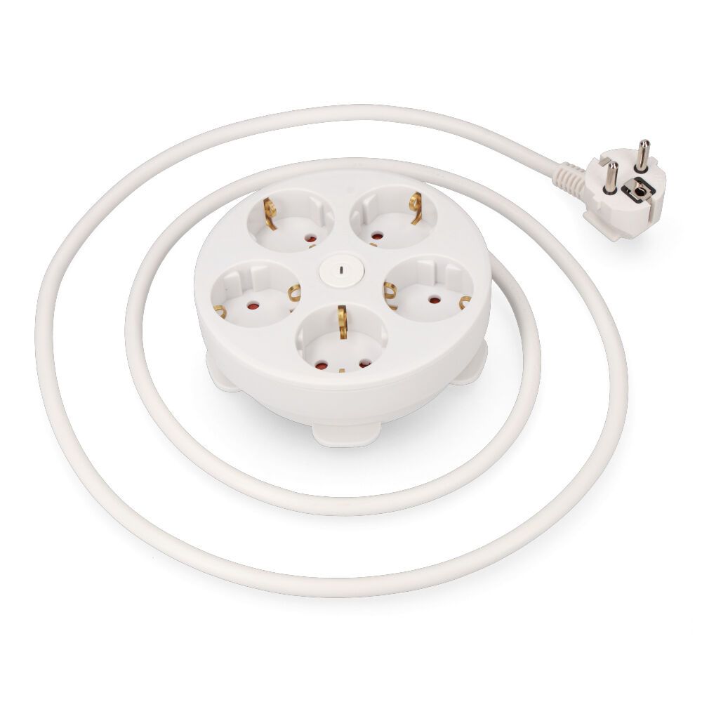 Base múltiple redonda 5 tomas 2p+t schuko, con interruptor, 1,5 m de cable h05vv-f 3g1,5 mm², 16a 250v~, blanca