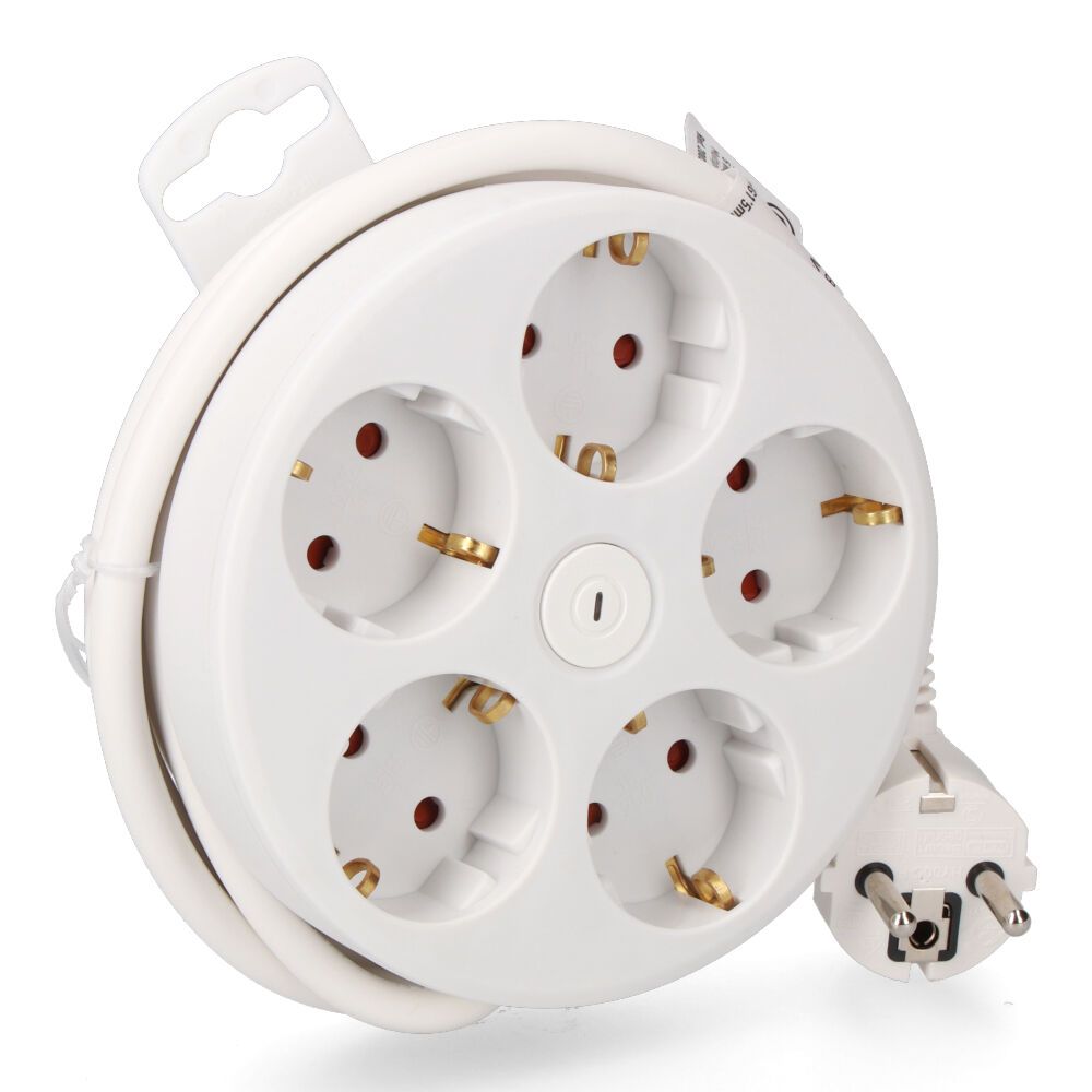 Base múltiple redonda 5 tomas 2p+t schuko, con interruptor, 1,5 m de cable h05vv-f 3g1,5 mm², 16a 250v~, blanca