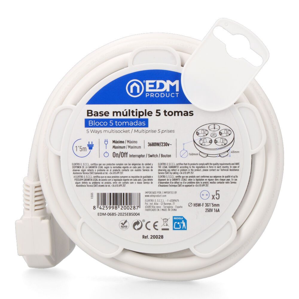 Base múltiple redonda 5 tomas 2p+t schuko, con interruptor, 1,5 m de cable h05vv-f 3g1,5 mm², 16a 250v~, blanca