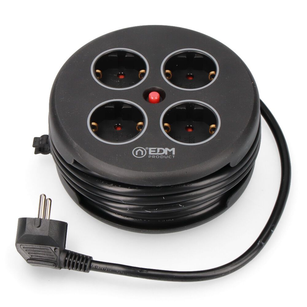 Enrollacables con 4 tomas 2p+t schuko, con protección, 16 a 250 v, cable h05vv-f 3g1,5mm² de 5 m, negro