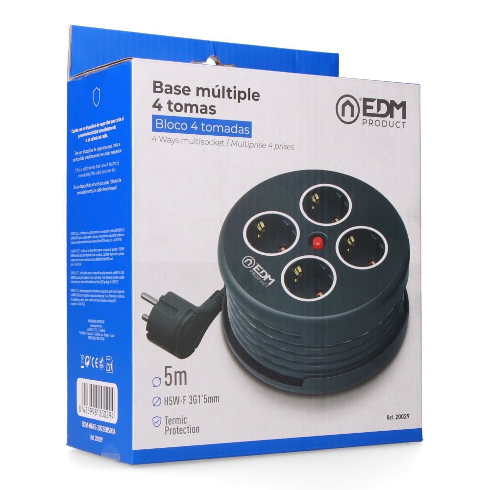 Enrollacables con 4 tomas 2p+t schuko, con protección, 16 a 250 v, cable h05vv-f 3g1,5mm² de 5 m, negro