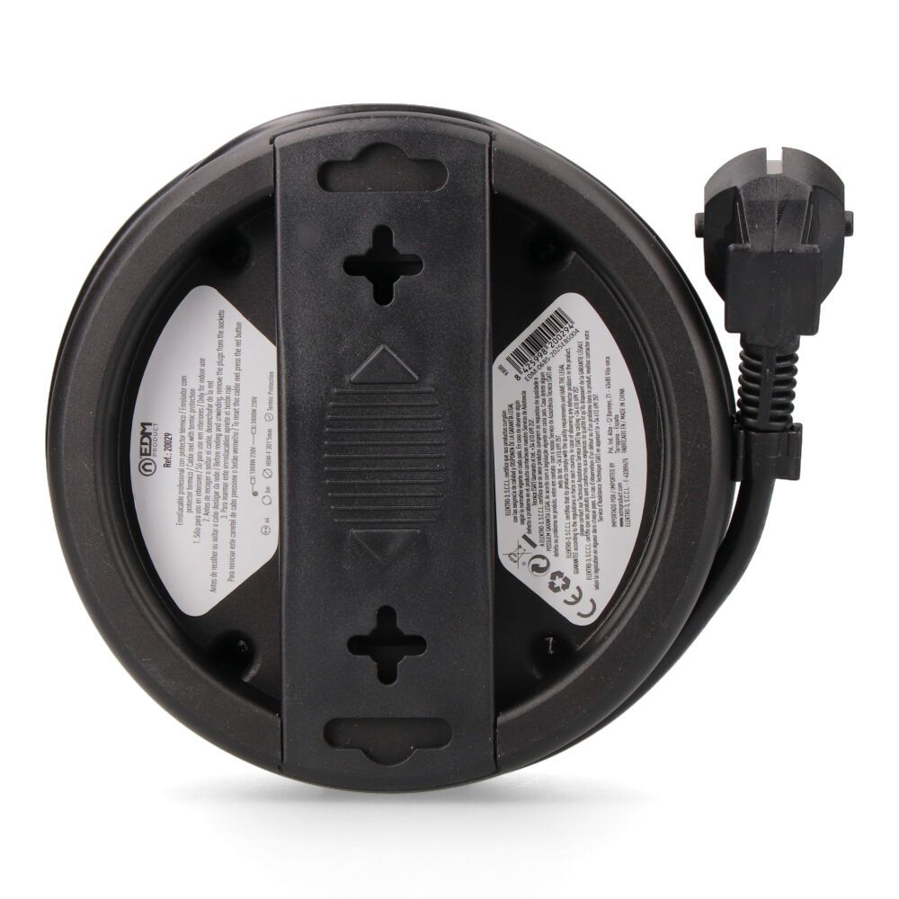 Enrollacables con 4 tomas 2p+t schuko, con protección, 16 a 250 v, cable h05vv-f 3g1,5mm² de 5 m, negro