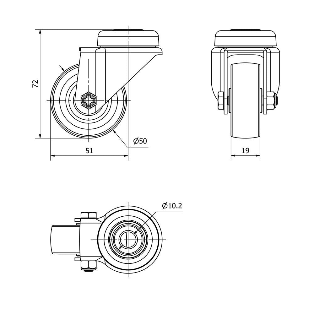 Rueda giratoria de goma con eje liso y agujero, color gris, carga máx 40 kg, ø 5 cm