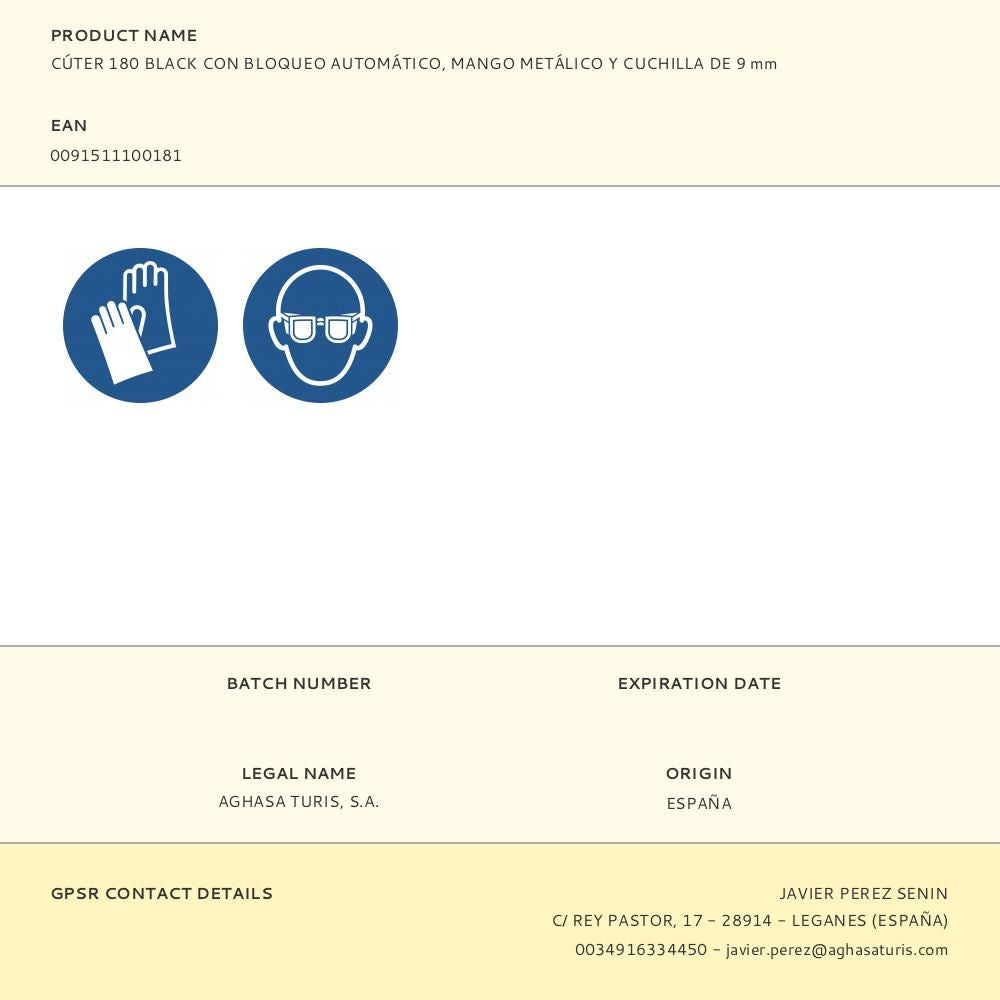 Cúter 180 black con bloqueo automático, mango metálico y cuchilla de 9 mm