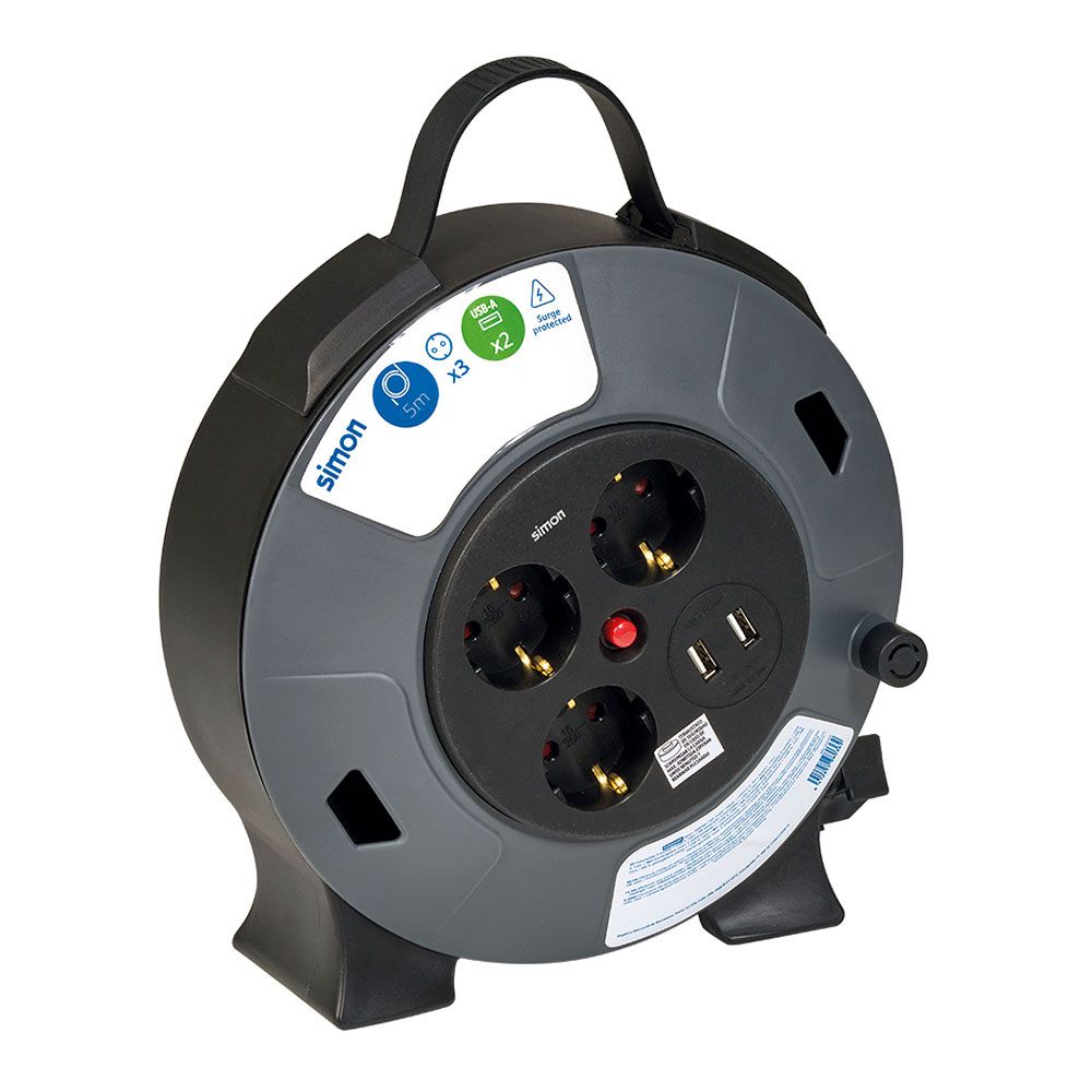 Enrollacables con 2 usb a, 3 tomas 2p+tt schuko, 16 a, 230 v~, h05vv-f 3 g 1,5 mm², 5 m, negro/gris