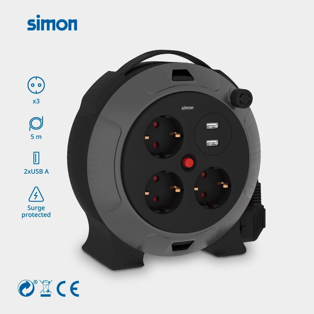 Enrollacables con 2 usb a, 3 tomas 2p+tt schuko, 16 a, 230 v~, h05vv-f 3 g 1,5 mm², 5 m, negro/gris