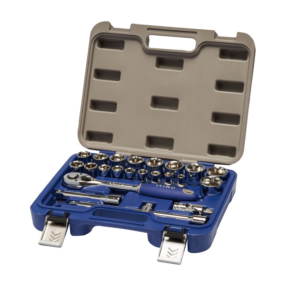 Llave de carraca ½ pulg, vasos hexagonales 8 - 32 mm, juego 23 piezas