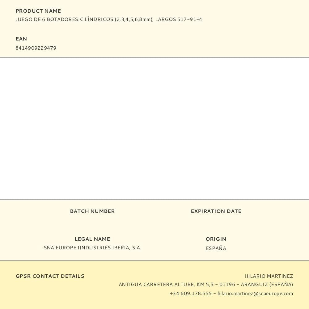 Botadores cilíndricos (2,3,4,5,6,8 mm), largos, juego de 6 piezas