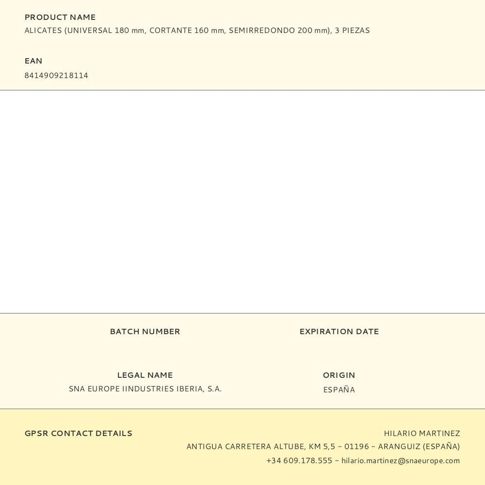 Alicates universales 180 mm, cortante 160 mm, semirredondo 200 mm, 3 piezas