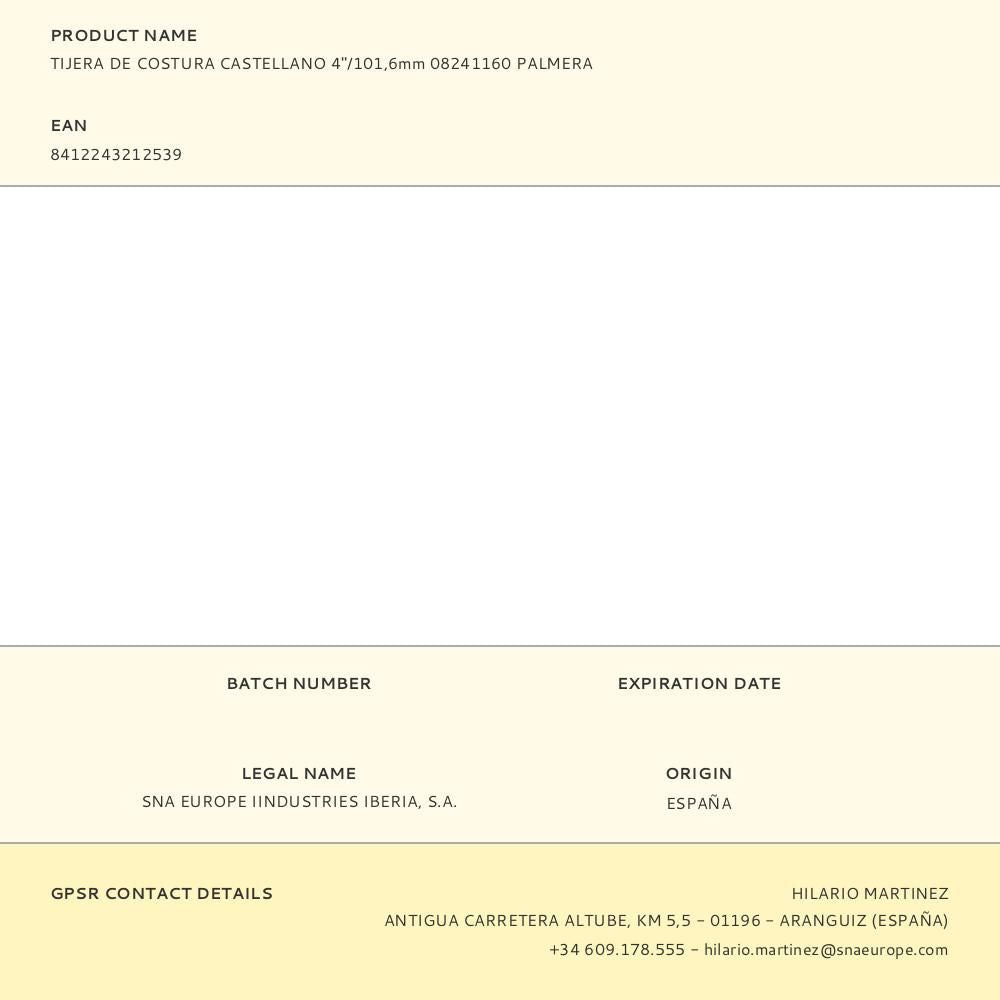 Tijera de costura castellano 4"/101,6mm 08241160 palmera