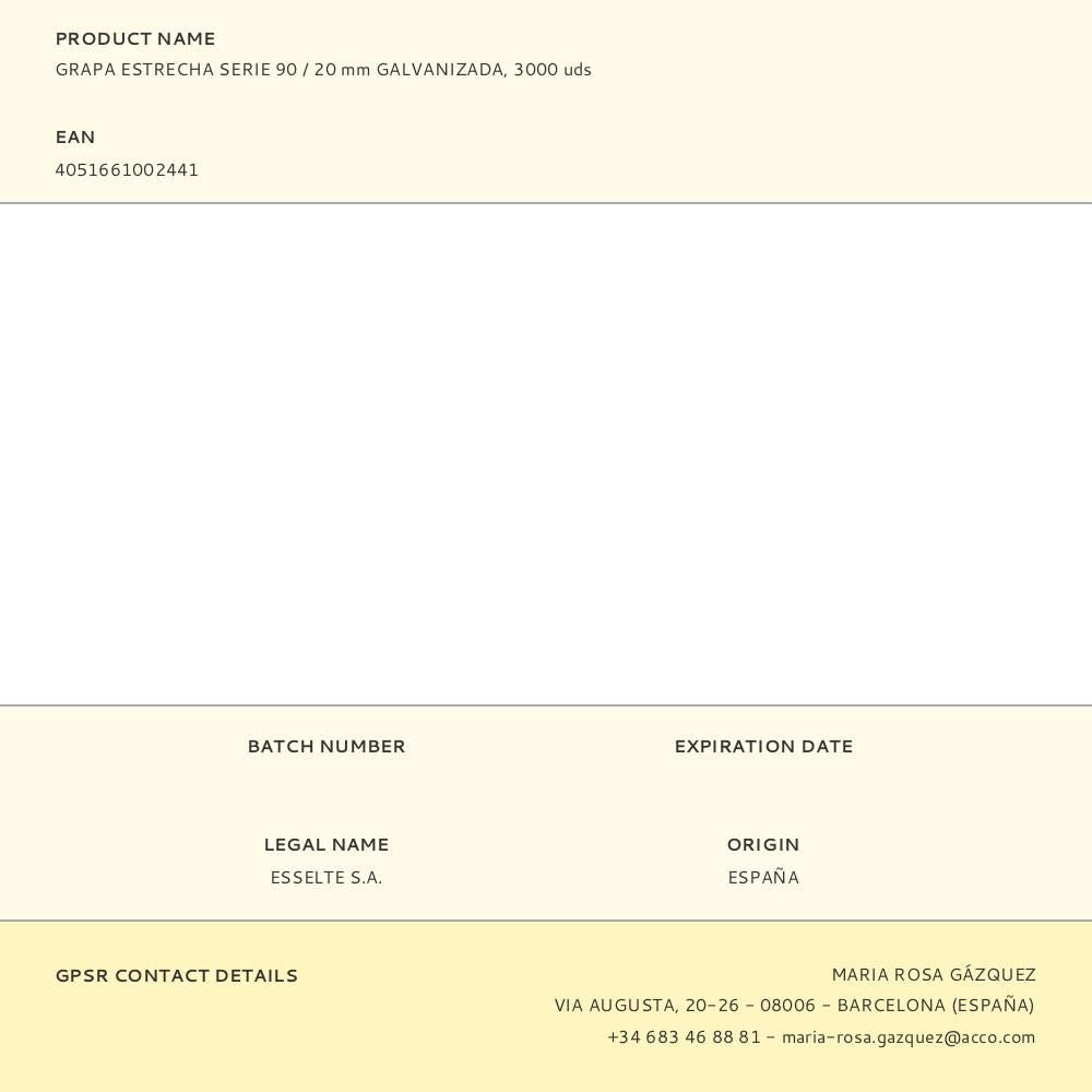 Grapa estrecha serie 90 / 20 mm galvanizada, 3000 uds