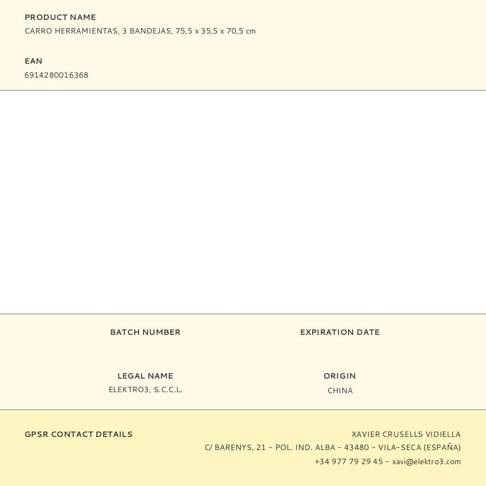 Carro herramientas, 3 bandejas (herramienta no incluida), 75,5 x 35,5 x 70,5 cm