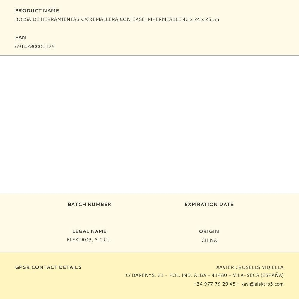 Bolsa de herramientas con cremallera y base impermeable - 42 x 24 x 25 cm