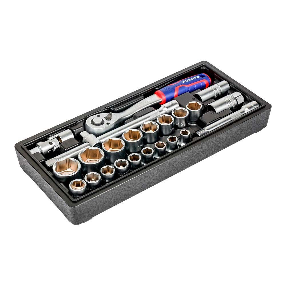 Llave de carraca y vasos ½ pulg, juego 24 piezas, métrico