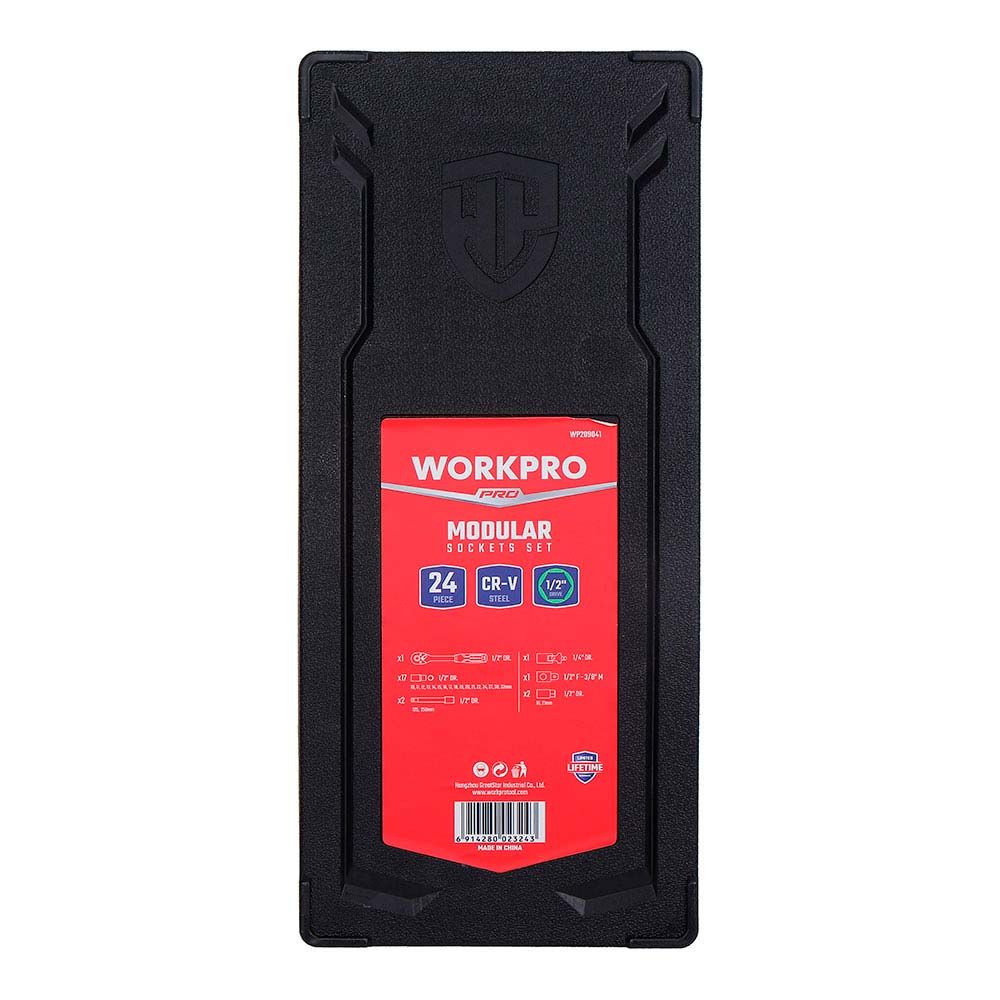 Llave de carraca y vasos ½ pulg, juego 24 piezas, métrico