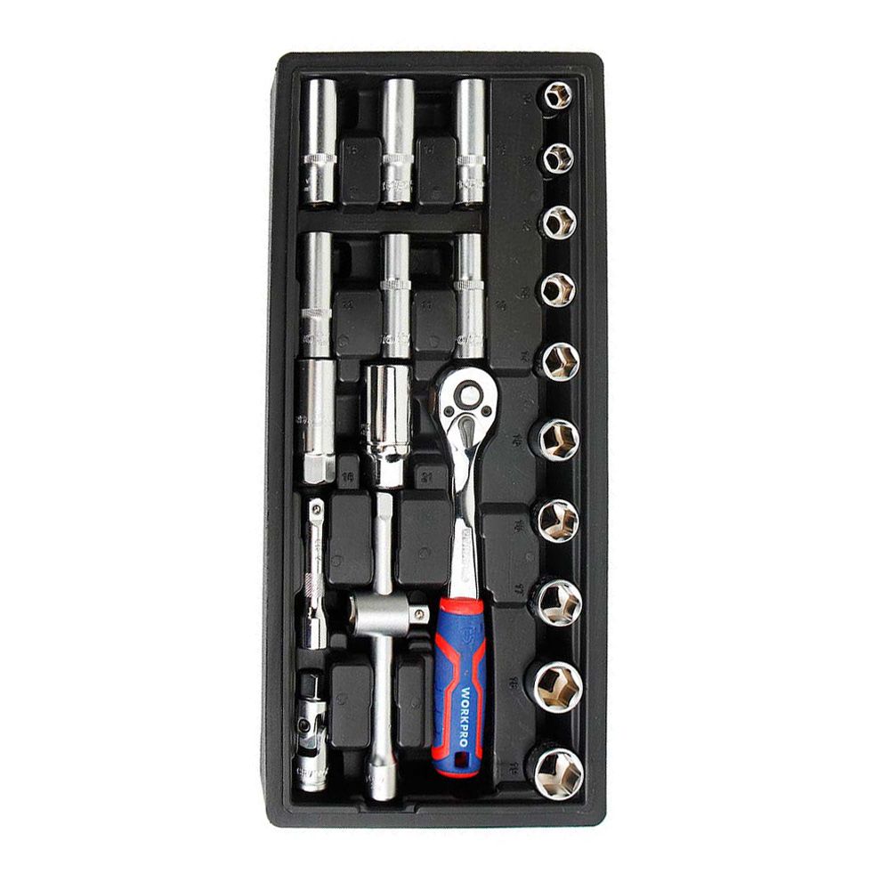 Llave de carraca y vasos 3/8 pulg, juego 23 piezas, métrico