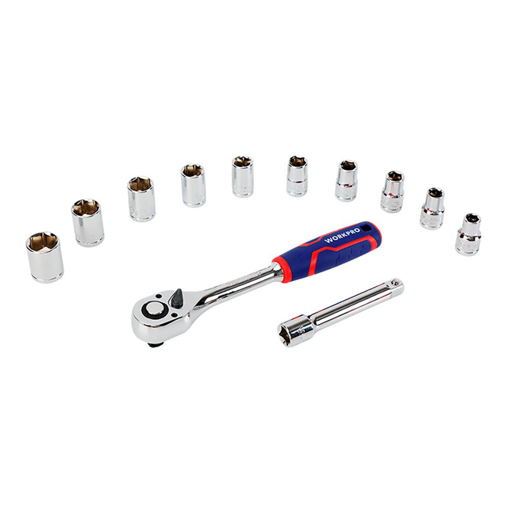 Llave de carraca y vasos ½ pulg, acabado brillo, juego de 12 piezas, métrico