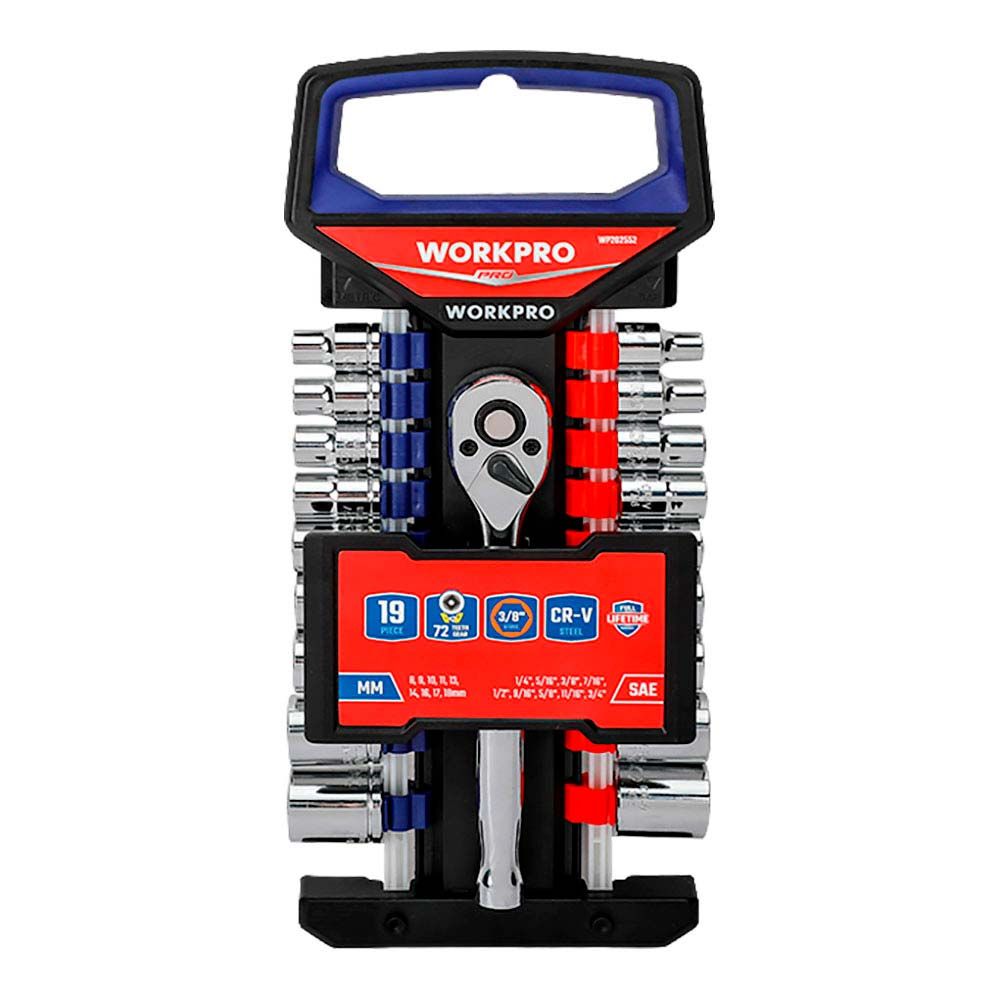 Llave de carraca y vasos 3/8 pulg, juego 19 piezas, métrico-sae