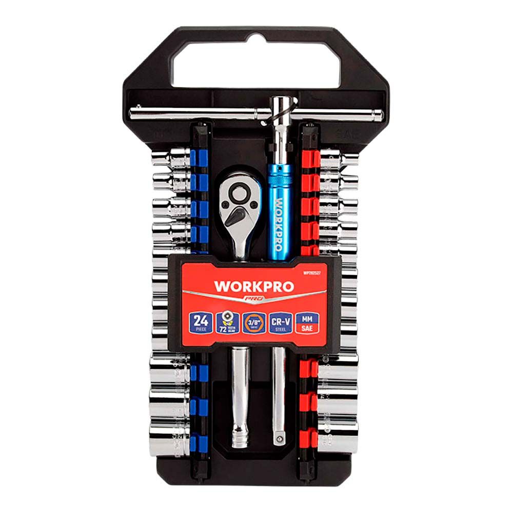 Llave de carraca y vasos 3/8 pulg, juego 24 piezas, métrico-sae