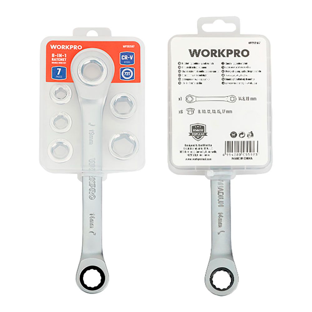 Llave de estrella cr-v doble con carraca, 6 bocas intercambiables, 14 x 19 mm, 7 piezas
