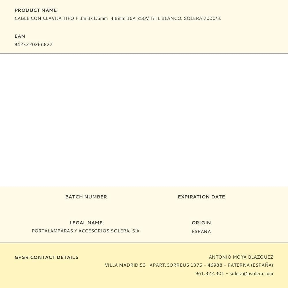 Cable con clavija tipo f 3m 3x1.5mm 4,8mm 16a 250v t/tl blanco. solera 7000/3.