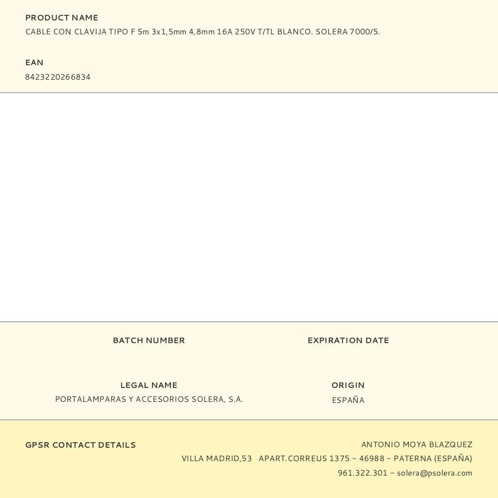 Cable con clavija tipo f 5m 3x1,5mm 4,8mm 16a 250v t/tl blanco. solera 7000/5.