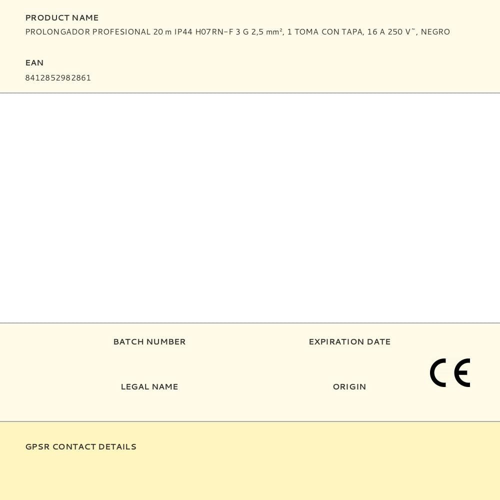 Prolongador profesional 20 m, ip44, h07rn-f 3 g 2,5 mm², 1 toma con tapa, 16 a 250 v~, negro