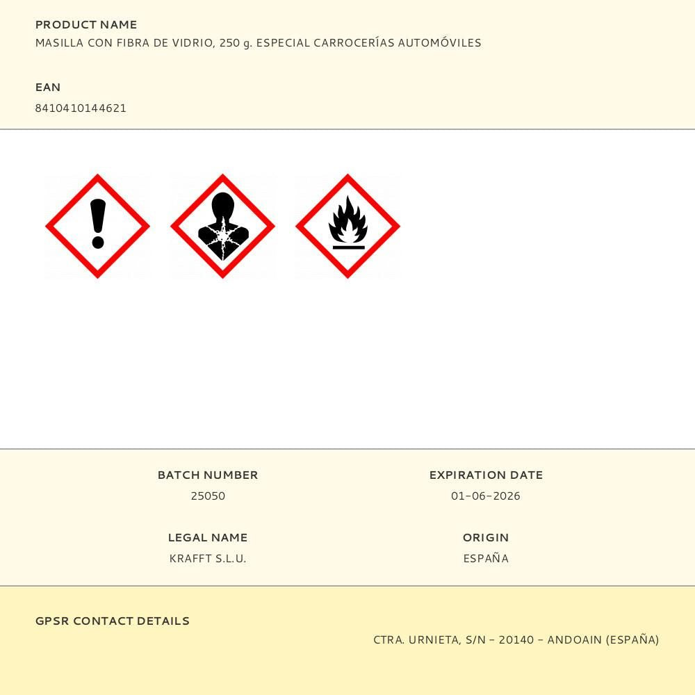 Masilla con fibra de vidrio, 250 g. especial carrocerías automóviles