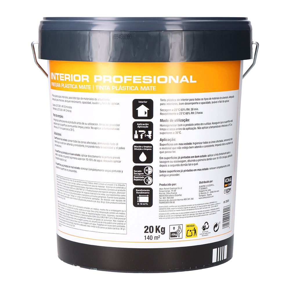 Pintura plástica vinílica interior blanco mate 20 kg