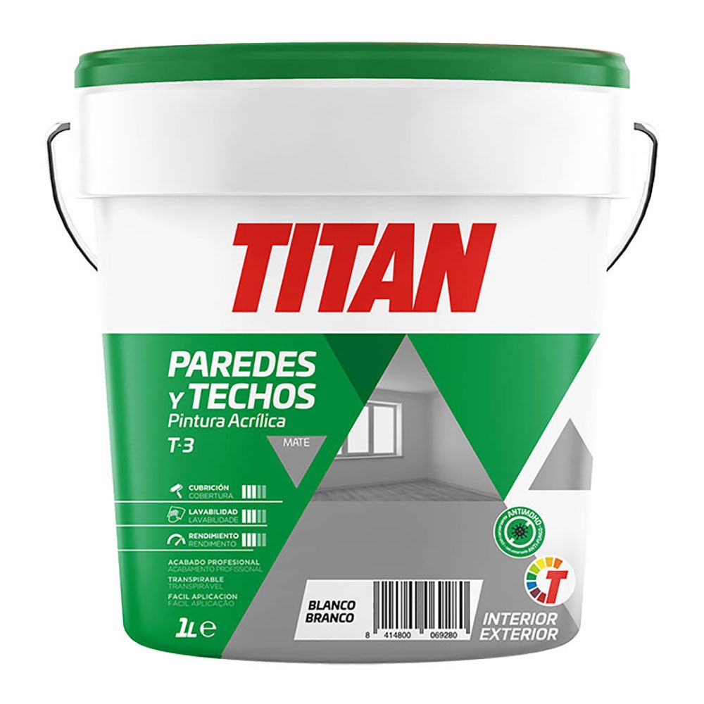Pintura plástica acrílica estirenada interior/exterior, t-3 blanco mate, 1 l