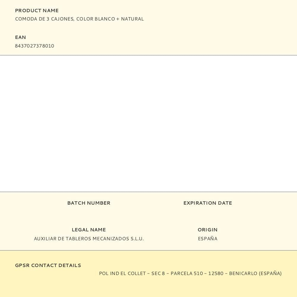 Comoda de 3 cajones, color blanco + natural