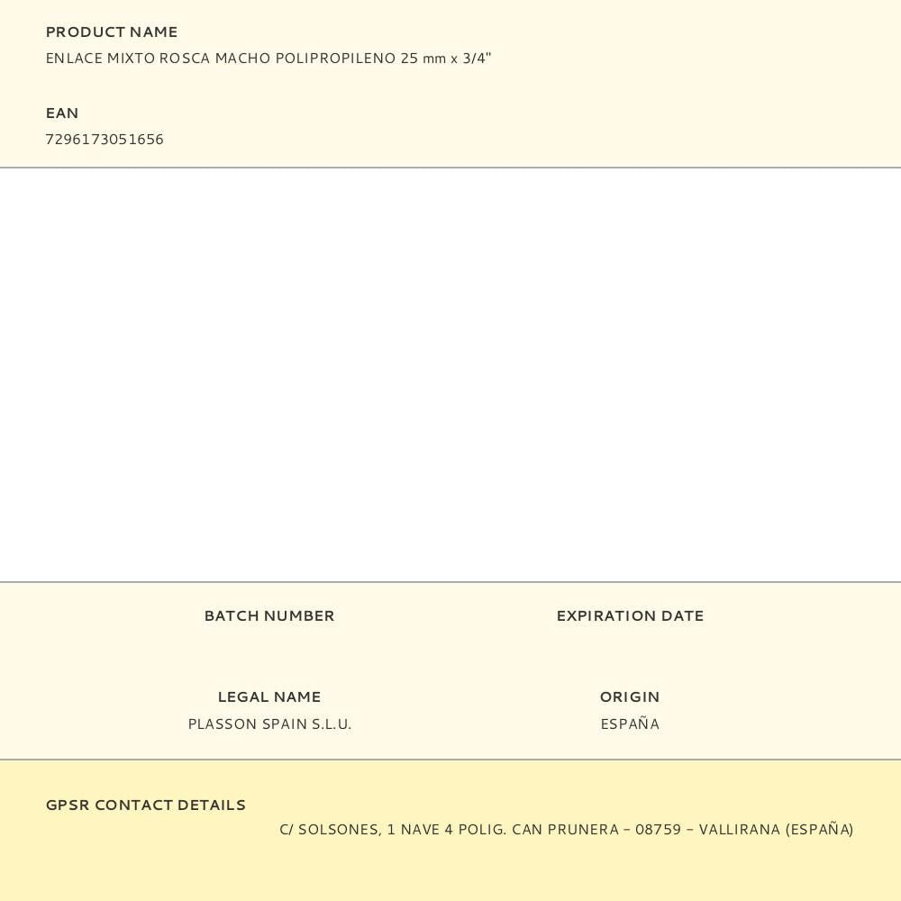 Enlace mixto rosca macho polipropileno 25 mm x ¾ pulg