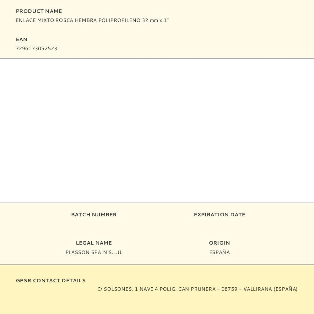 Enlace mixto rosca hembra polipropileno 32 mm x 1 pulg