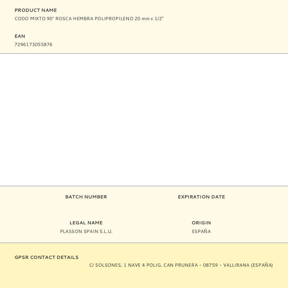 Codo mixto 90° polipropileno rosca hembra 20 mm x ½ pulg