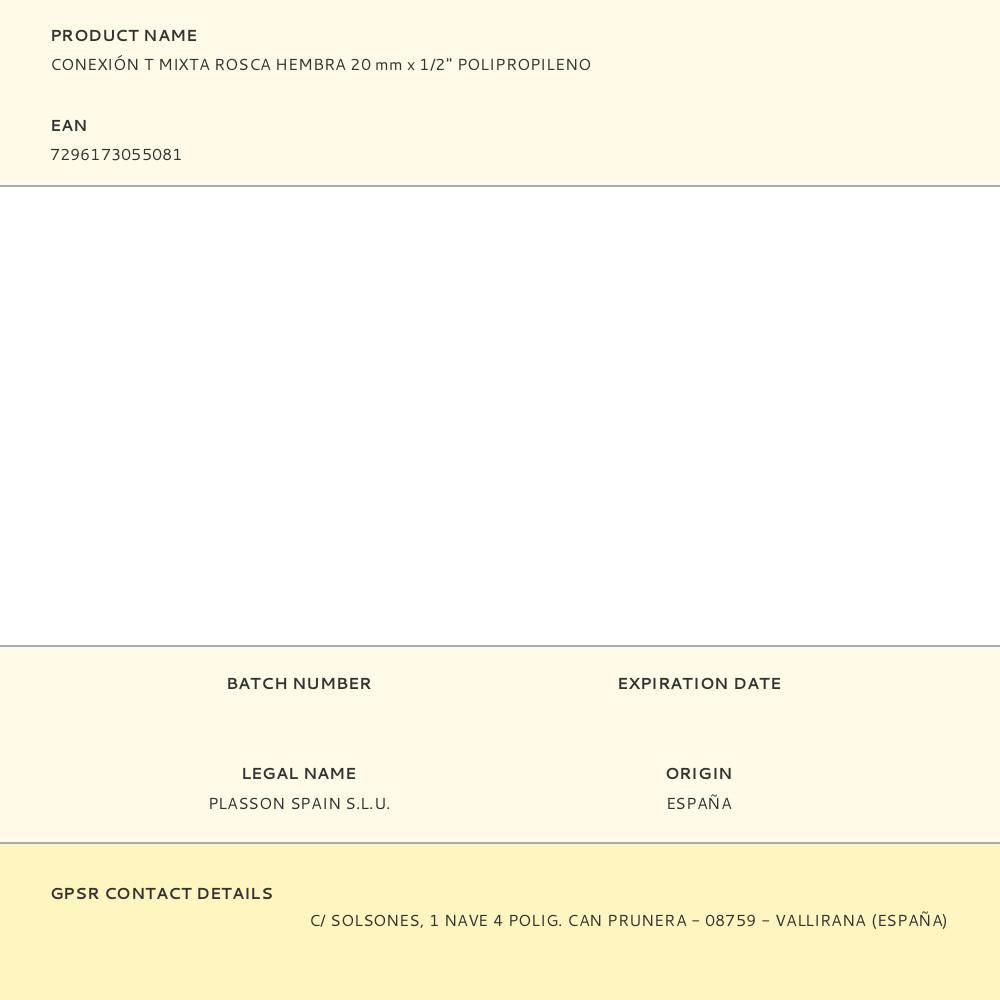 Conexión t mixta polipropileno rosca hembra 20 mm x ½ pulg