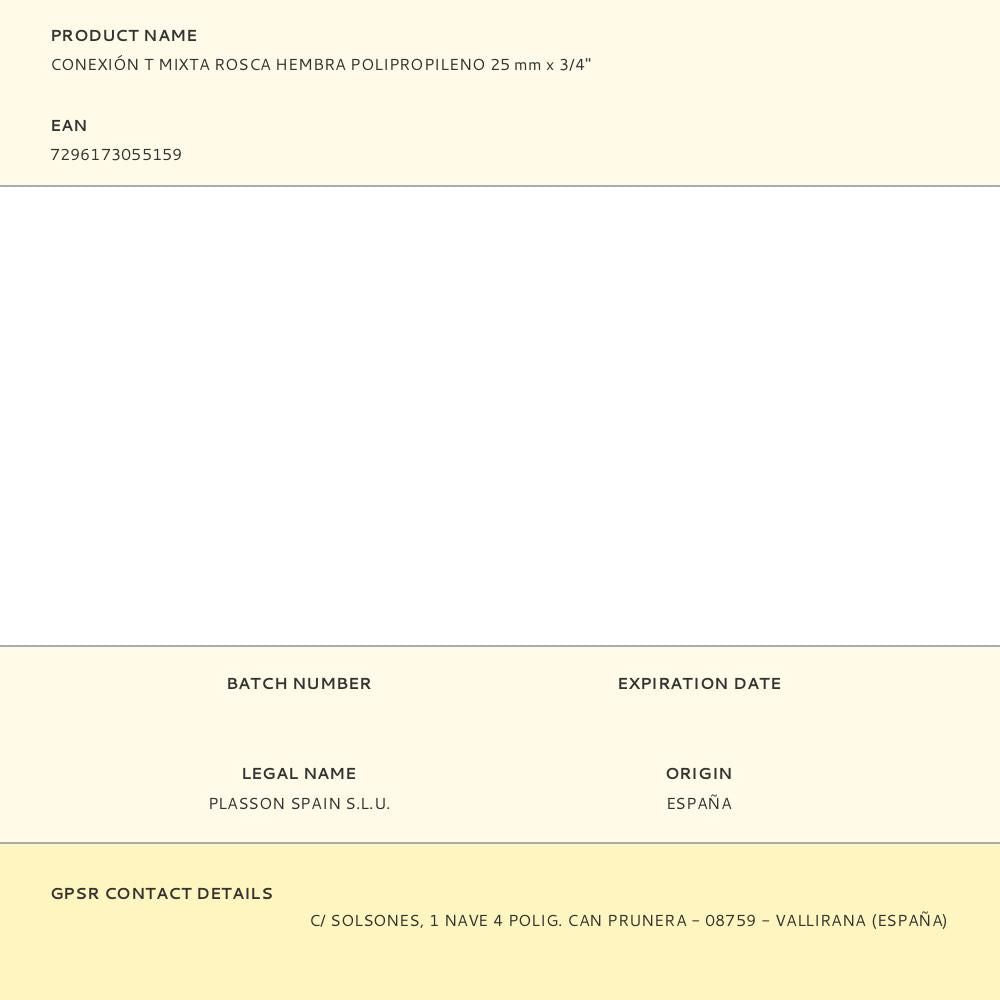 Conexión t mixta polipropileno rosca hembra 25 mm x ¾ pulg