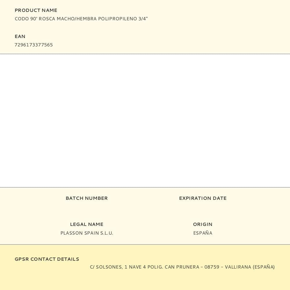 Codo 90° polipropileno rosca macho/hembra ¾ pulg