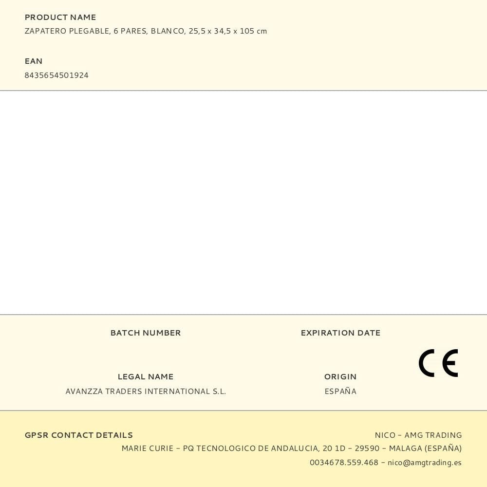 Zapatero plegable, 6 pares, blanco, 25,5 x 34,5 x 105 cm