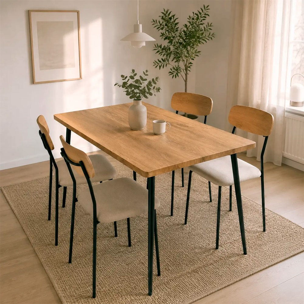 Conjunto mesa y 4 sillas, mdf y acero, 110 x 70 x 76 cm