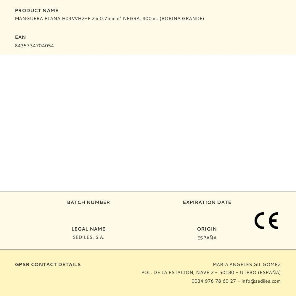 Manguera plana h03vvh2-f 2 x 0,75 mm² negra, 400 m. (bobina grande)
